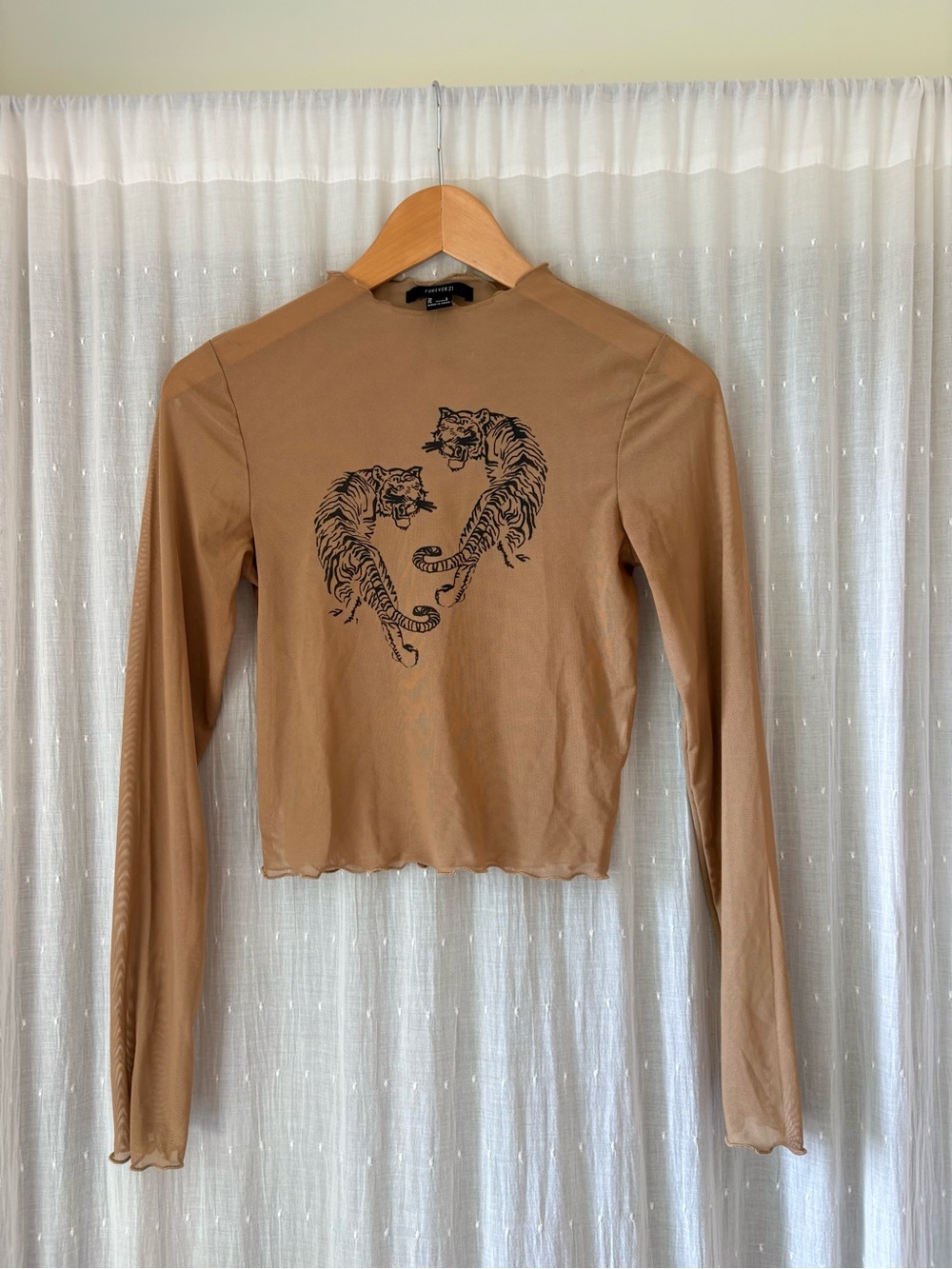 Forever 21 Tan Mesh Long-Sleeve Tee with Black Tiger Print